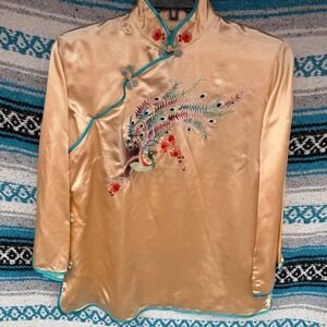 Golden Bee Vintage Chinese Peacock Embroidered Blouse Pink Rose NEW deadstock XS